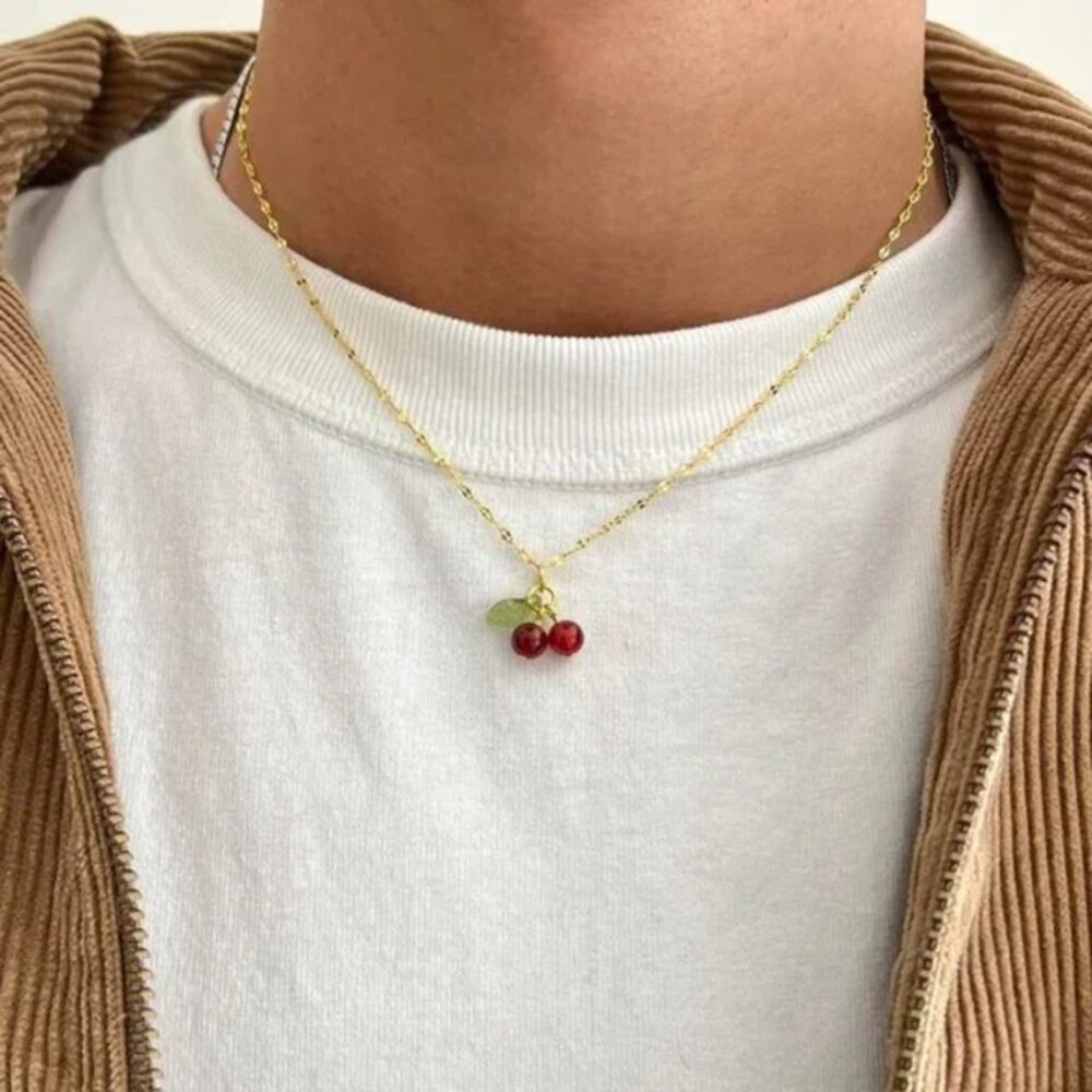 vintage style gold cherry red pendant necklace